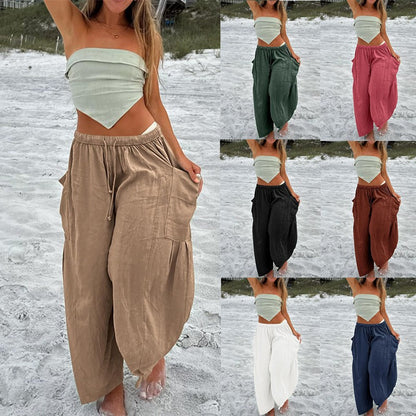 Women's Stretched-waist Pleated High-waisted Wide-leg Trousers Spring Autumn Fashion Cotton Linen Pocket Casual Trousers Woman