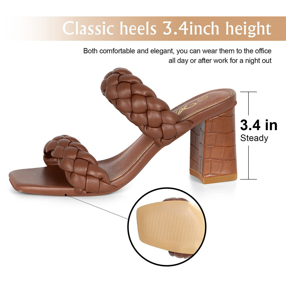 Elegant Women's Braided Heels Sandalias Fashion Strappy Square Sandals Open Toe Backless Mules Slip On Block Heeled Shoes