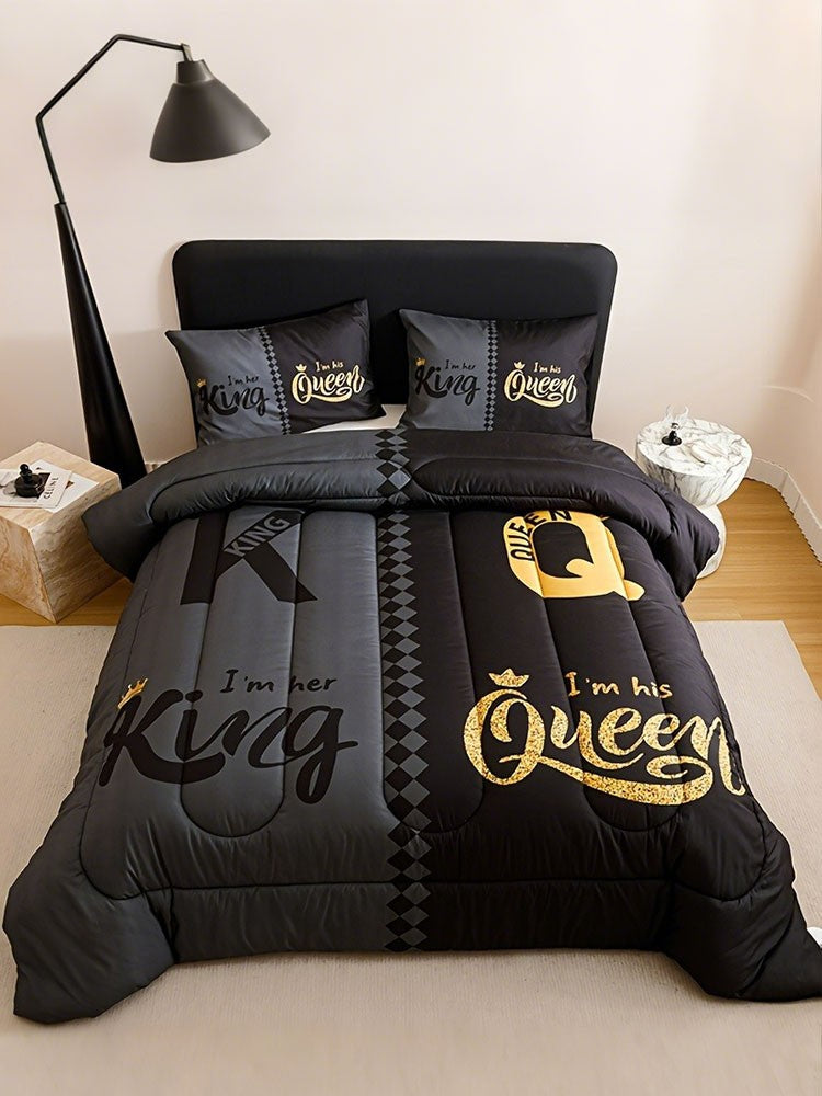 Conjunto de Colcha Grossa Super Macia e Respirável em Preto e Cinza com Letra Coroa (1 Colcha + 2 Fronhas) de 3 Peças