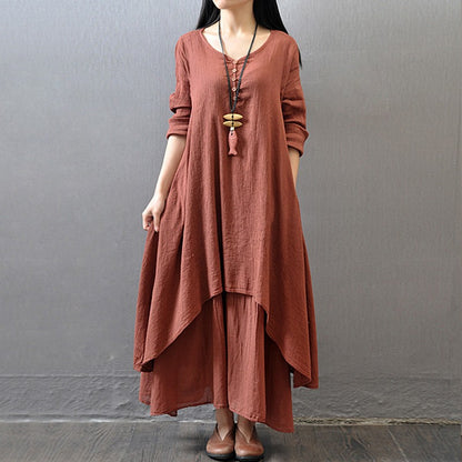 Women Elegant Linen White Dresses Bohemia Layering Vintage Robe Long Sleeve Loose Long Dress Female Autumn Long Maxi Dress