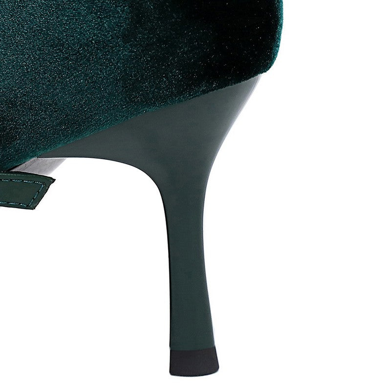 Korean Version Party 10cm 7cm High Heels Women Shoes Thin Heels Velvet Shallow Montage Pointed Toe Metal One-line Buckle Pumps