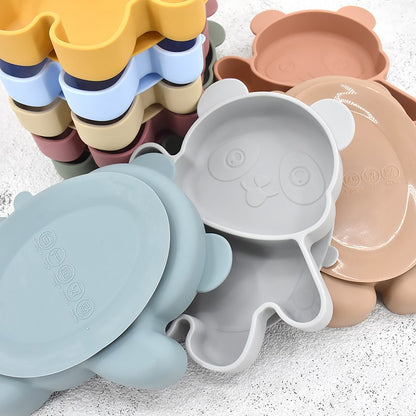 Children's Dishes Baby Silicone Sucker Bowl Baby Panda Face Dining Plate Toddle Training Tableware Kids Feeding Bowls