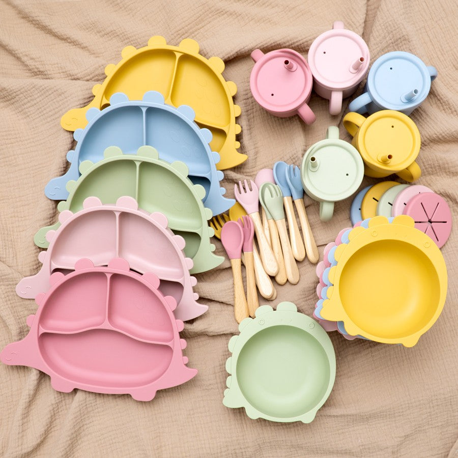 BPA Free Baby Silicone Sucker Bowl Plate Children's Tableware Training Fork Spoon Portable Feeding Snack Cup Dining Appliance