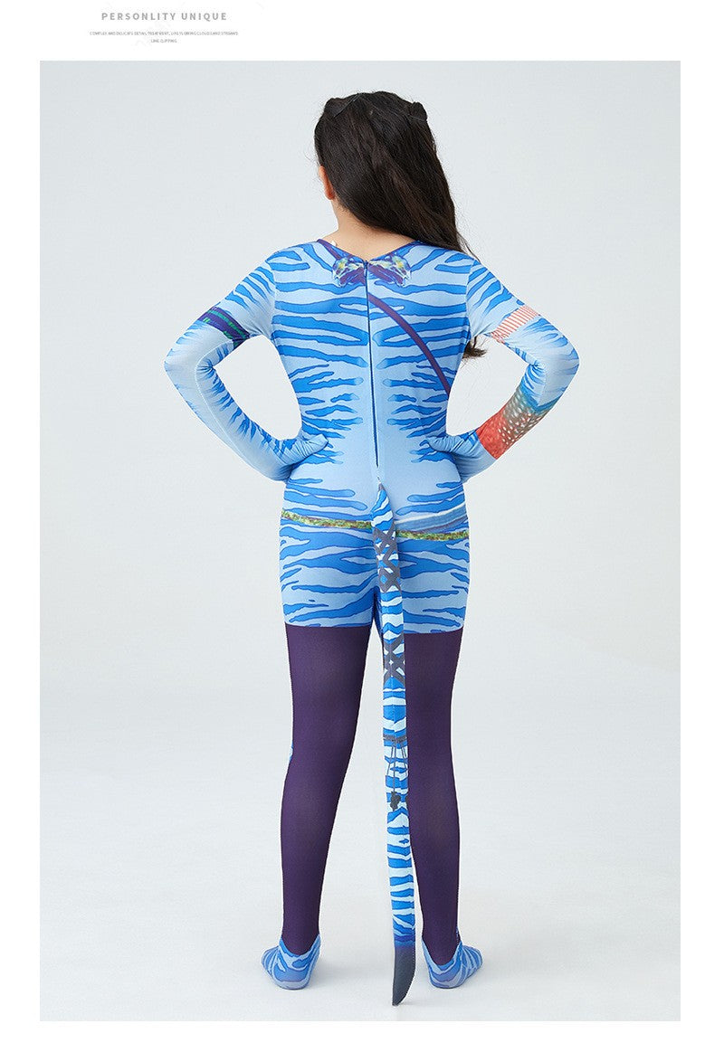 Girls Avatar 2 Neytiri Costume Tail Suit Boys Jake Sully Cosplay Zentai Bodysuit Jumpsuit Kids Halloween Birthday Party Costume