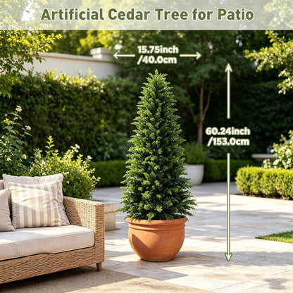 2/3/4/5/6FT Artificial Topiary Cedar Trees UV-Resistant Faux Evergreen Outdoor Indoor Plants Black Pot Faux Cedar Topiary Plants Christmas Trees for Front Porch Entryway & Patio Xmas Decor