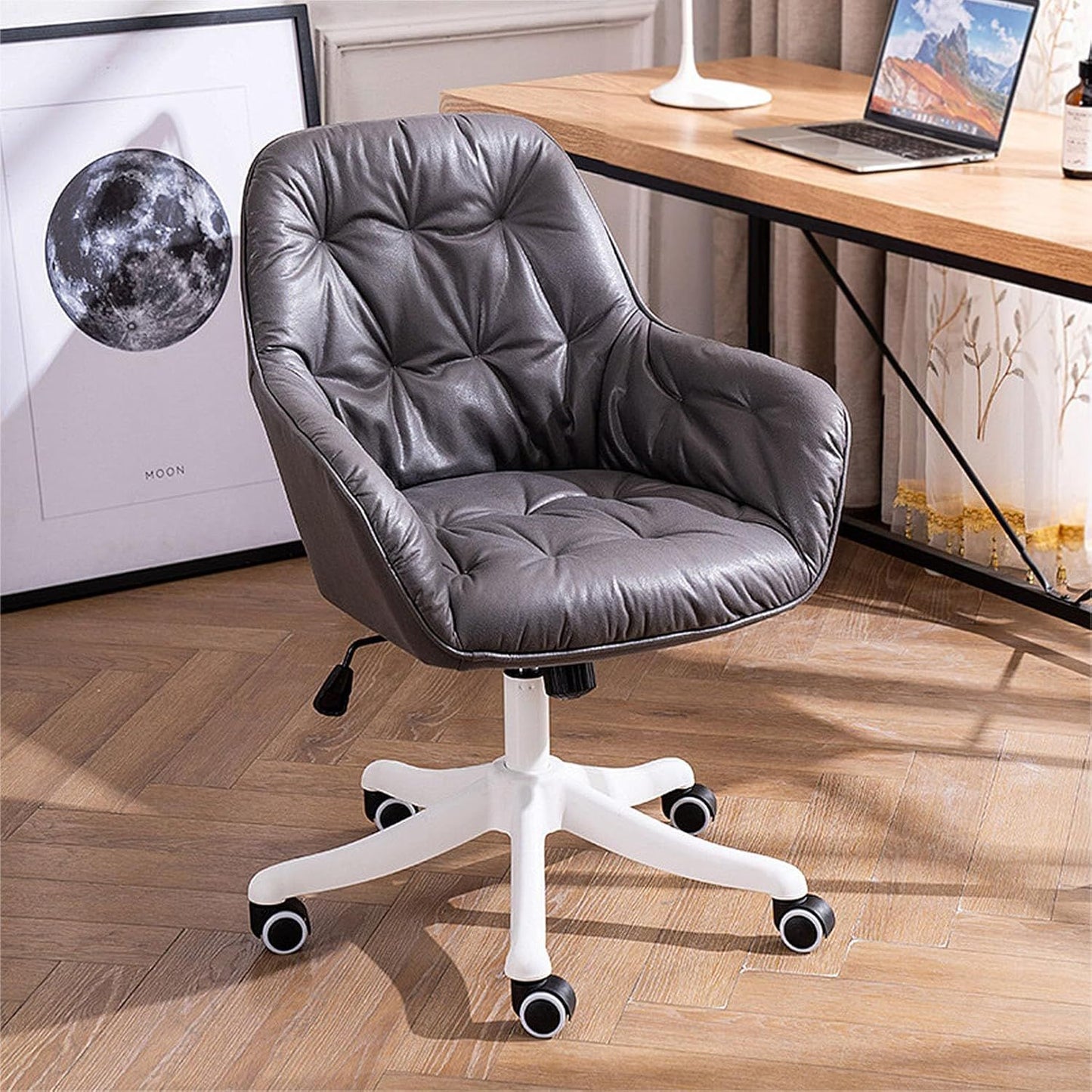 Leather Office Chair, Mid Century Desk Chair with Wheels and Ergonomic Armrests, Adjustable Height Swivel Rolling Task Chair,