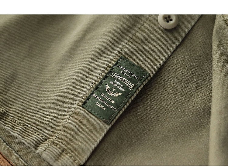 2025 Spring New American Retro Heavyweight Woven Cargo Shirt Men's Simple 100% Cotton Washed Double Pocket Blousers Loose Caot