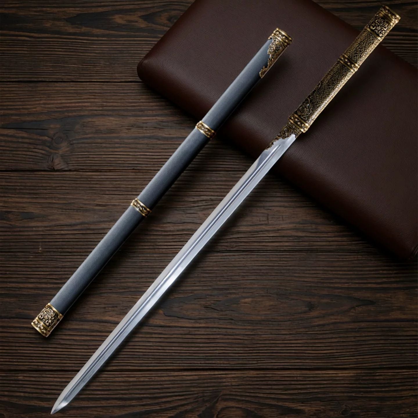 Classic Tang Dynasty Straight Sword Plain Polished Blade Matte Black Scabbard Traditional Tang Dynasty Jian Collectible Sword