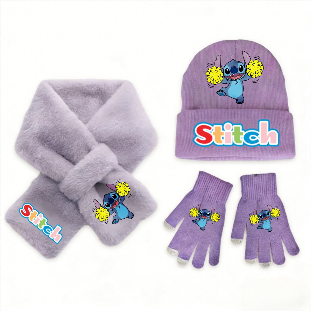 Conjunto de 3 peças de chapéu, cachecol e luvas de malha de inverno Stitch Disney Kawaii quente para meninas Acessórios casuais de moda infantil presente de Natal perfeito