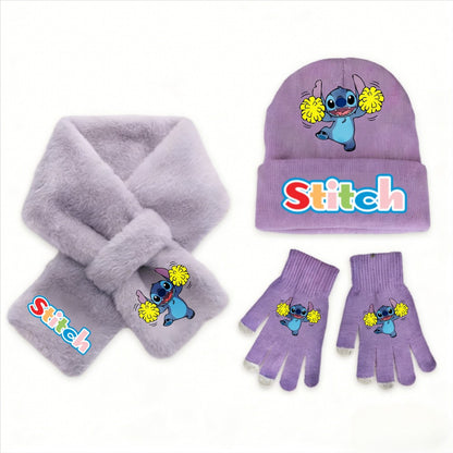 Conjunto de 3 peças de chapéu, cachecol e luvas de malha de inverno Stitch Disney Kawaii quente para meninas Acessórios casuais de moda infantil presente de Natal perfeito