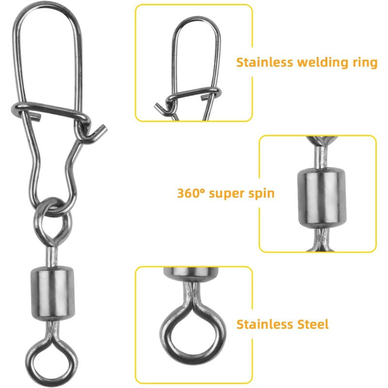 Giradores de Pesca de Aço Inoxidável com Mosquetão 4#-12# Rolamento Conector Duo-Lock Kit Pesca Água Salgada Doce Isca Equipamento 50-200 Peças