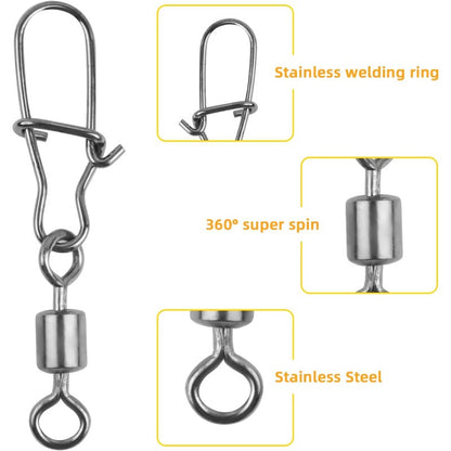 Giradores de Pesca de Aço Inoxidável com Mosquetão 4#-12# Rolamento Conector Duo-Lock Kit Pesca Água Salgada Doce Isca Equipamento 50-200 Peças