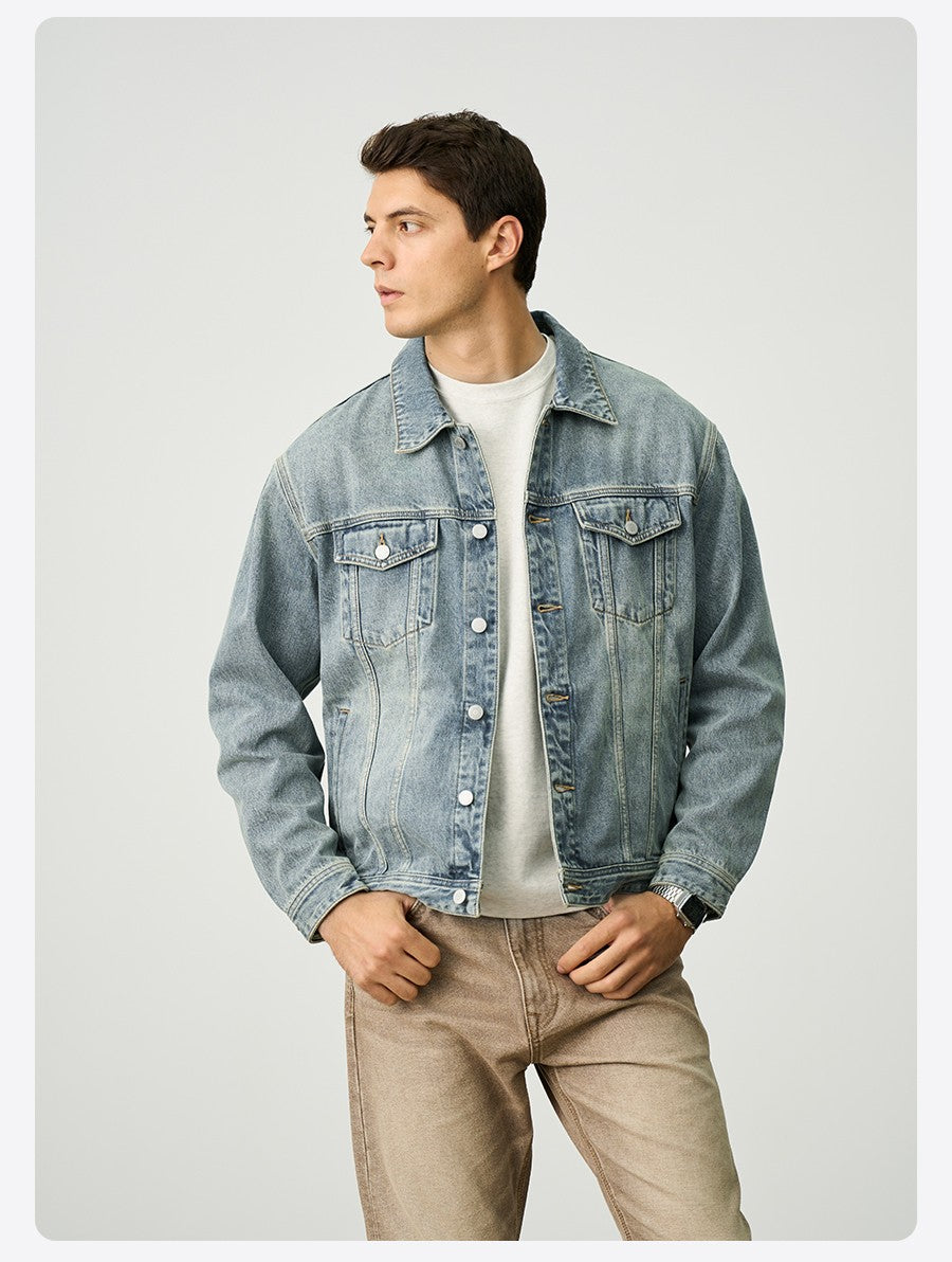 SIMWOOD 2025 Autumn New Oversize 12.5oz Classical Denim Jackets Men Washed Vintage Casual Jacket