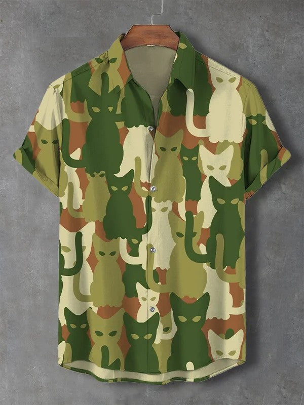 Men's Retro Cartoon Anime Cat Theme Short Sleeve Shirts Short Sleeve Tops Fashion Casual Vacation Streetwear Summer Men's Shirts