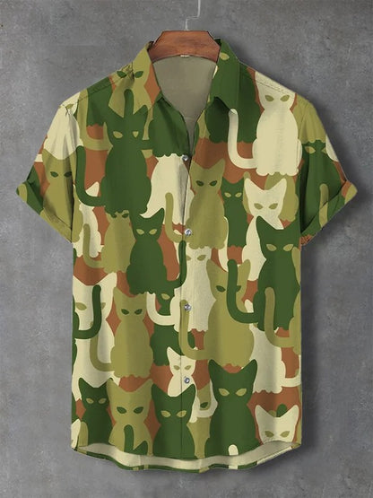 Men's Retro Cartoon Anime Cat Theme Short Sleeve Shirts Short Sleeve Tops Fashion Casual Vacation Streetwear Summer Men's Shirts