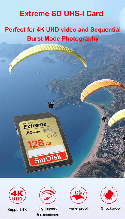 Cartão SD SanDisk 32 GB SDHC 64 GB 128 GB 256 GB Cartão SDXC Cartões de memória C10 Velocidade de leitura de até 200 MB/s U3 V30 Cartões Flash 4K UHD para Câmera