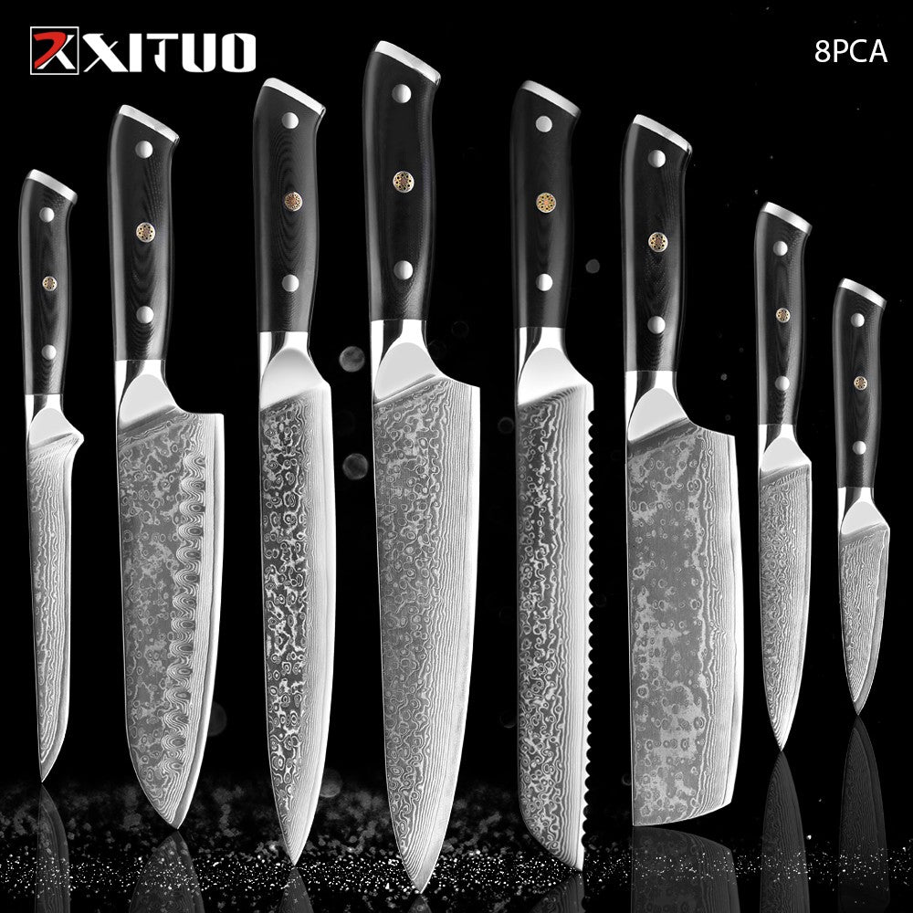 1-9 PCS Chef Knife Set Damascus Steel Kitchen Knives Razor Sharp Cleaver,Paring,Bread,Boning,Chef Special Knife With G10 Handle