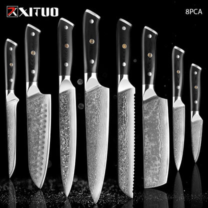 1-9 PCS Chef Knife Set Damascus Steel Kitchen Knives Razor Sharp Cleaver,Paring,Bread,Boning,Chef Special Knife With G10 Handle