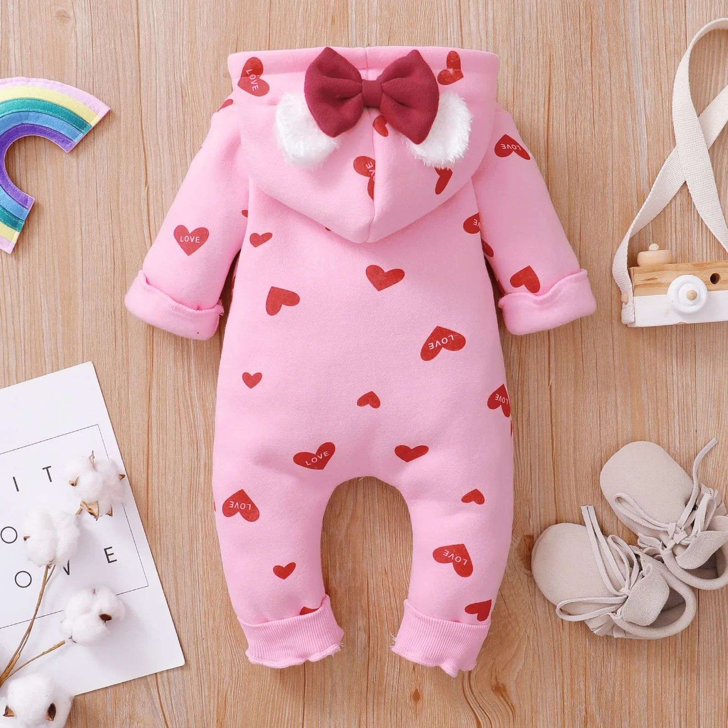 Newborn Baby Romper Love Printed Clothes Hooded Children Girl 0-1 Years Autumn Spring Infant Boy Jumpsuit Outfits 3 6 Months