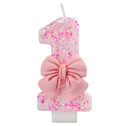 Pink Bow Number Candle Glitter Candle Cake Topper 0-9 for Birthday Anniversary Party Cake Decoration Gifts