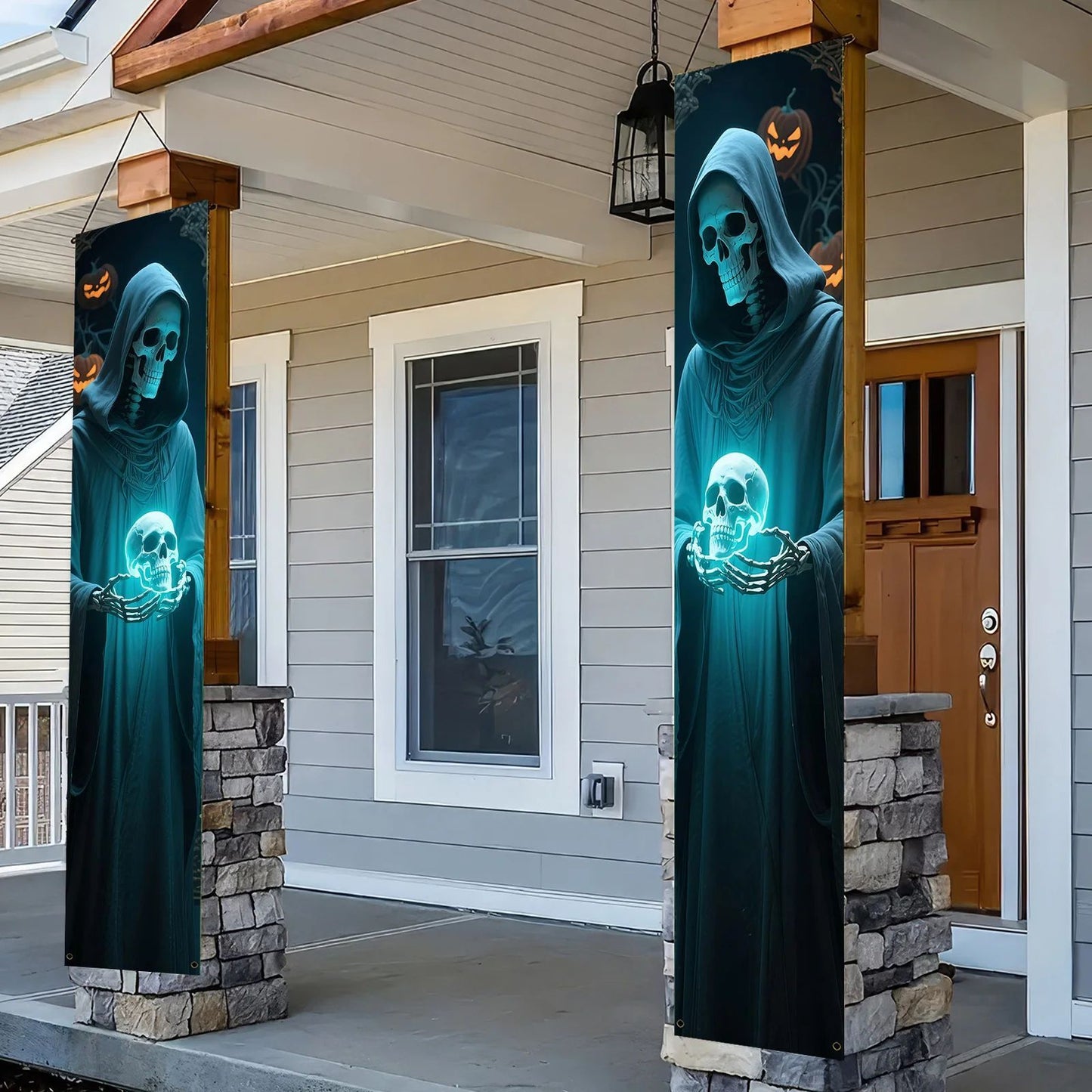 Party Banner,, Halloween Party Decorative Couplets, 2D Hanging Banners with Skeleton Design in Black Robes and Hooded Figures