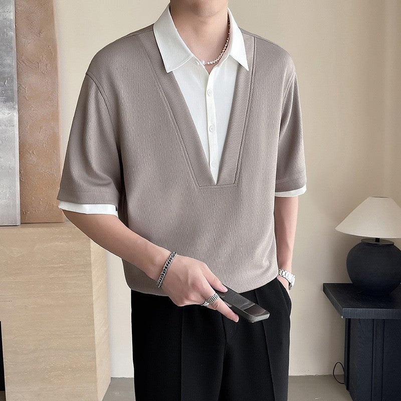 2025 summer new men's fake two-piece shirt, men's clothing, trendy brand, casual, high-end short-sleeved polo shirt