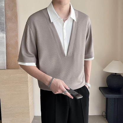 2025 summer new men's fake two-piece shirt, men's clothing, trendy brand, casual, high-end short-sleeved polo shirt