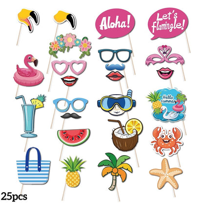 30Pcs Aloha Hawaiian Luau Photo Booth Props Tropical Tiki Aloha Summer Beach Pool Party Decorations Handheld Photography Props