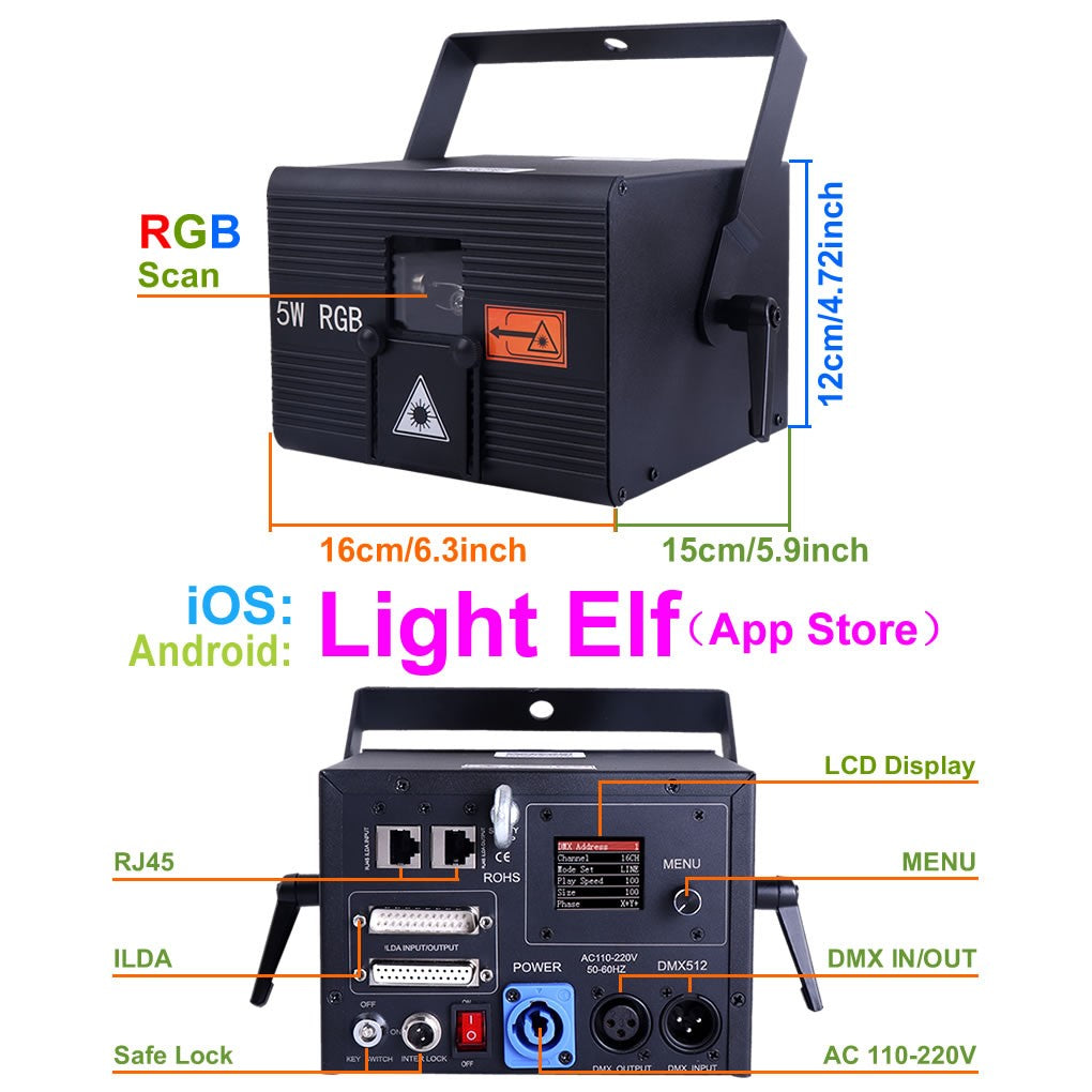 USA Warehouse 5W RGB Laser Animation Scan Projection Lights Compatible with Apple&Android Phone App Edit ILDA for Stage Lighting