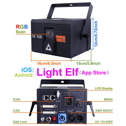 USA Warehouse 5W RGB Laser Animation Scan Projection Lights Compatible with Apple&Android Phone App Edit ILDA for Stage Lighting