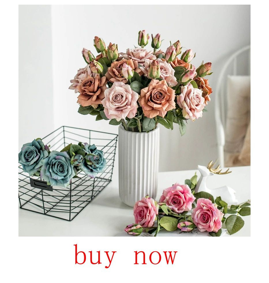 Artificial Flower Burned Edge Rose Wedding Bridal Bouquet Decor Home Outdoor Garden Festival Party Wreath Diy Ins Gift Scrapbook