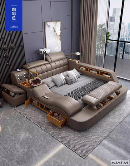 MANBAS Luxury King Size Genuine Leather Bed / Tech Smart Bed / Multifunctional Ultimate Beds / Massage Bed with USB,Projecter