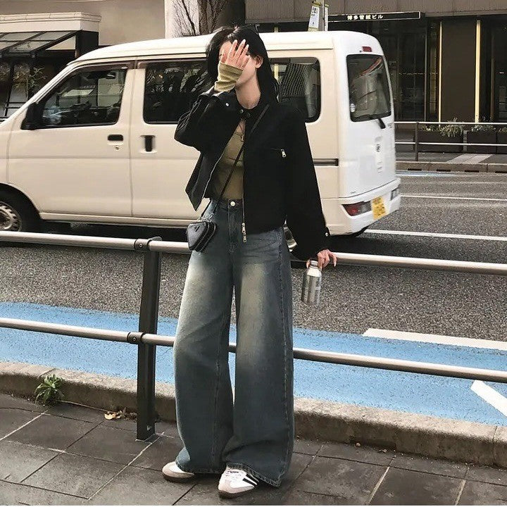 Retro American Coffee Brown Copper Zipper Button Short Jacket 2025 Autumn Trendy PU Leather Jacket Versatile for Dynamic Women