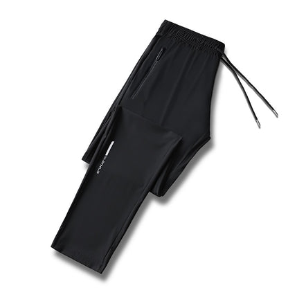 Calça jogging masculina com cordão na cintura, fresca, de secagem rápida e respirável, calça esportiva da moda de alta elasticidade, adequada para fitness