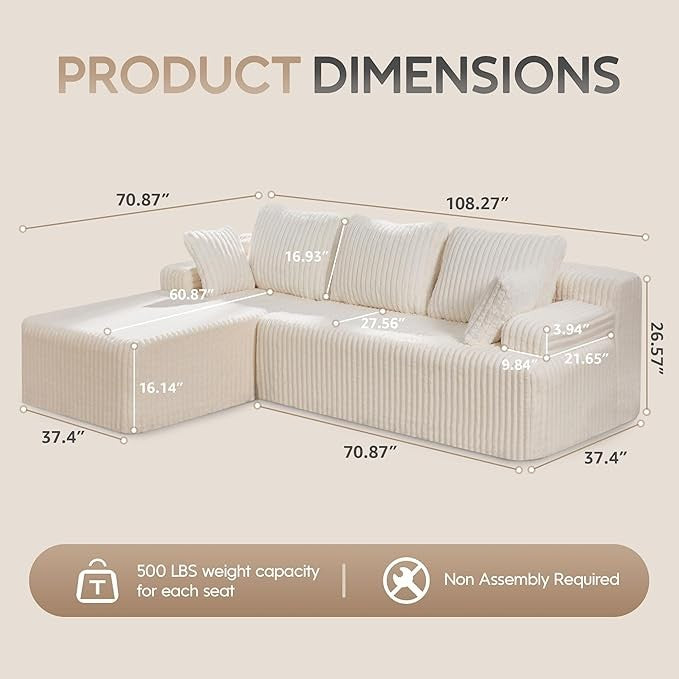 Modular L-Shaped 3-Seat Sectional | Memory Foam with Deep Seating & Storage Modules | Living Room Sofa