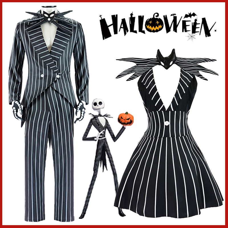 Anime Jack Skelington Black White Striped Cosplay Costume Men Retro Tailcoat Woman Dress Christmas Night Halloween Party Outfit
