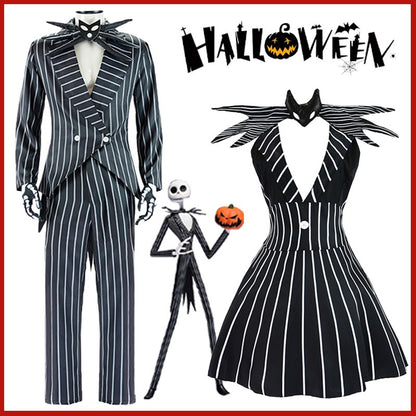 Anime Jack Skelington Black White Striped Cosplay Costume Men Retro Tailcoat Woman Dress Christmas Night Halloween Party Outfit