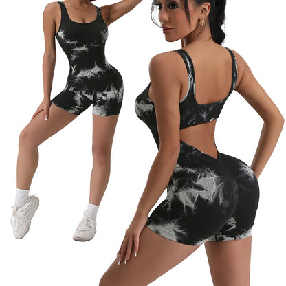 1PCS Tie Die Beautiful Back Yoga Suit Stretch Butt-Lifting Sports Jumpsuit Breathable Threaded Women Bodysuit without Pad