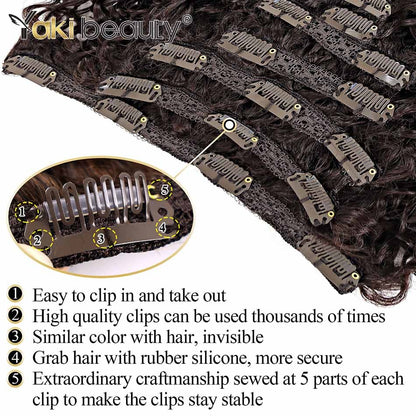 Apliques de Cabelo Cacheado 26'' Trama Dupla 6 Peças/Conjunto Clip-In Cabeça Completa Orgânico Seda Gelo Preto/Marrom 160g