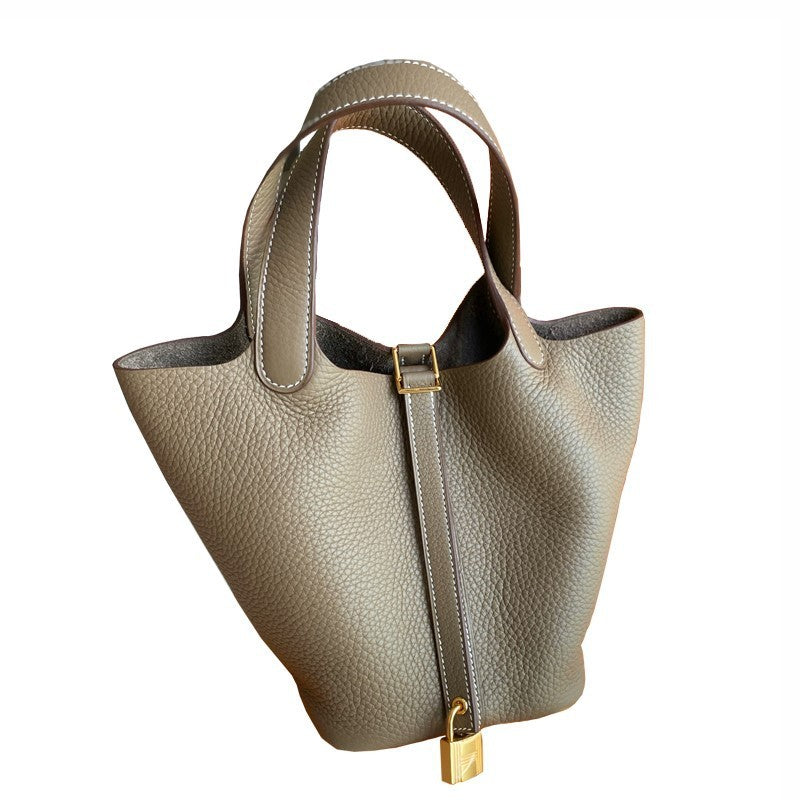 Stylish Handbag, Unique Bucket Classic Shopping Tote Bag, Soft PU Litchi Pattern Basket Women Bag with Lock Small Horse Scarves