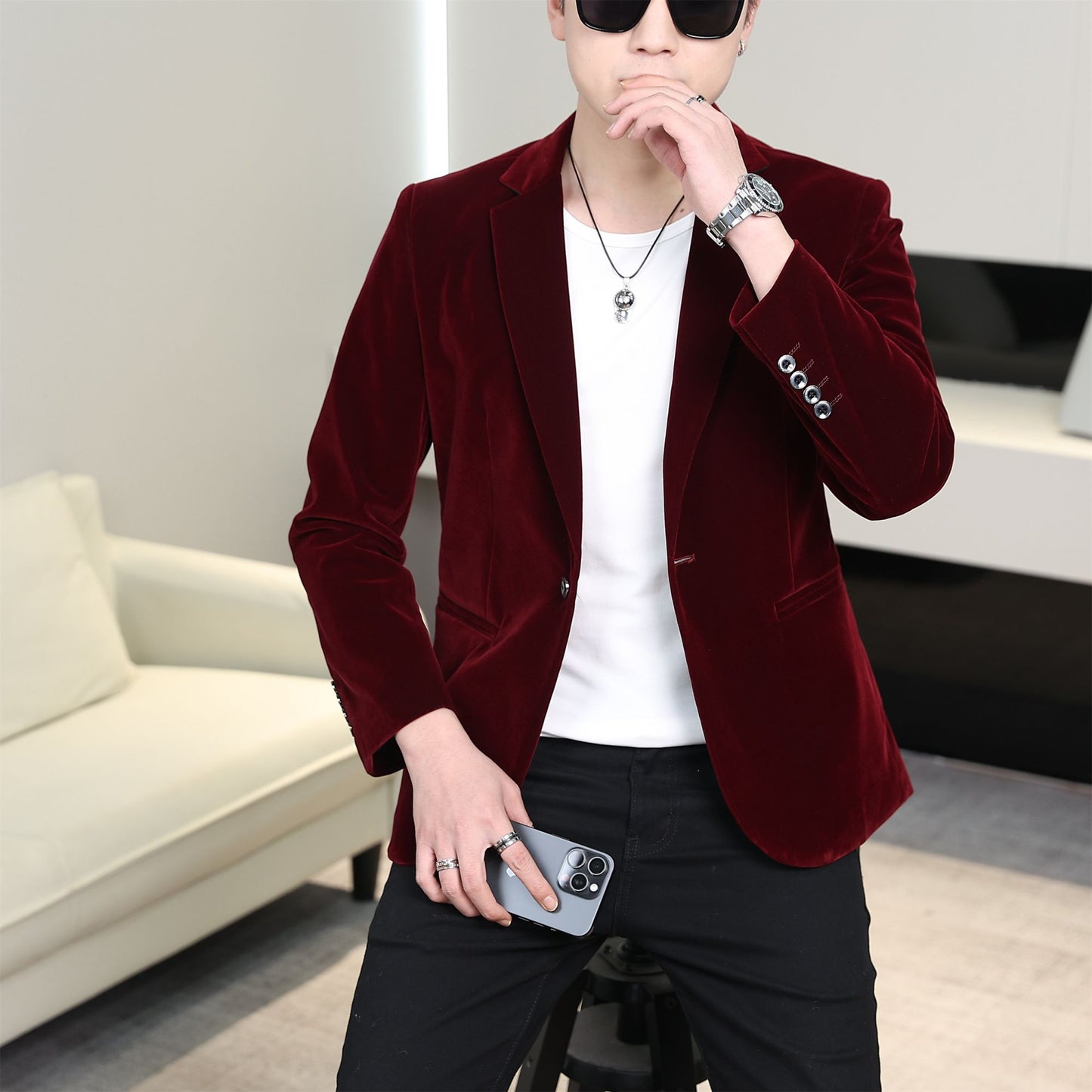 Gold Velvet Suit Men's Trendyy Performance Suit Spring & Fall All Year Round Slim Thin Youth Dress Groomsmen Groom's Dress Wedding Party Suit