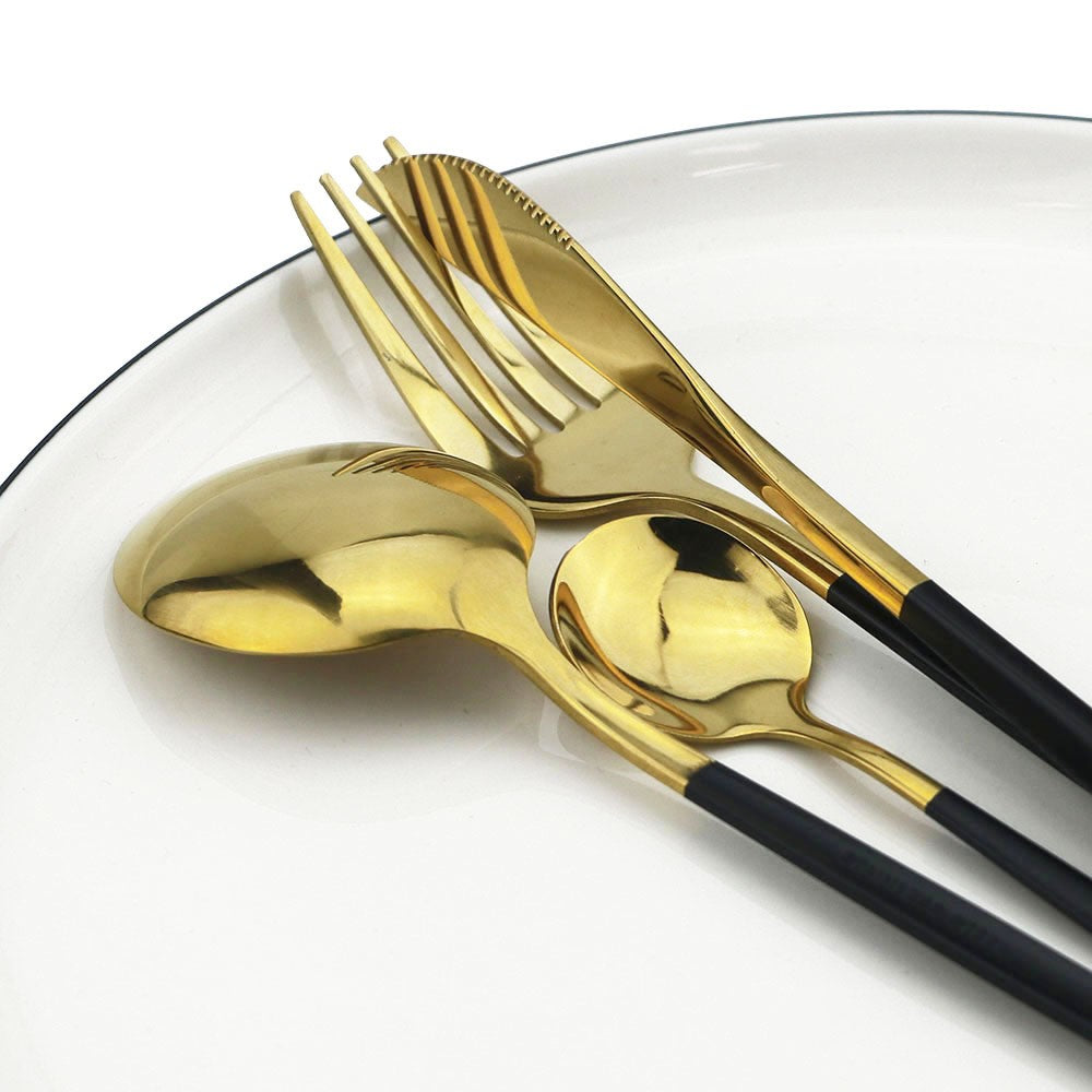 8 colheres de mesa de jantar, talheres de aço inoxidável, prateado, talheres dourados, utensílios de cozinha, talheres pretos.