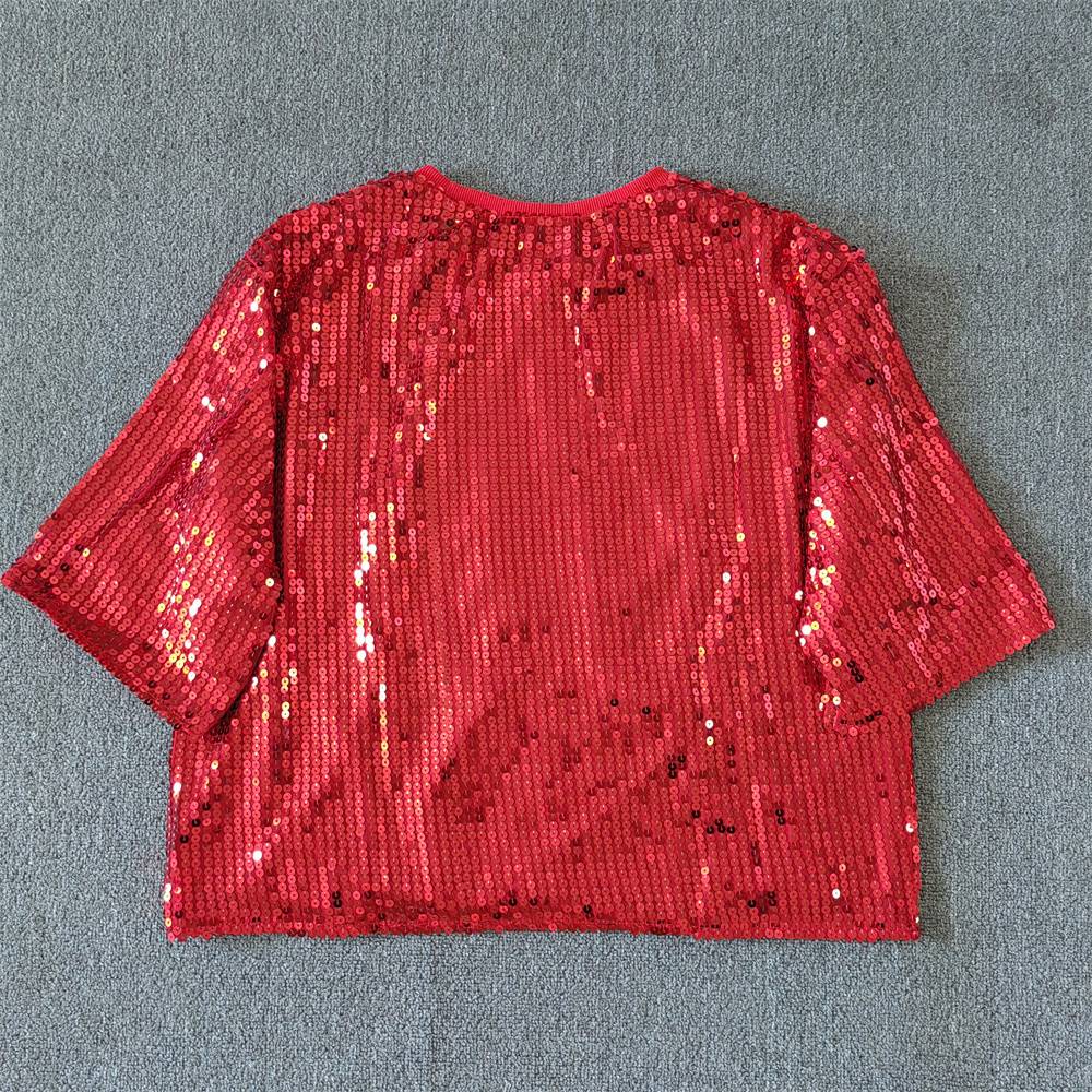 CHIC European American Festival Xmas Tree Bow Women Sequined T-shirt Short Top Casual Jersey Girls Short Sleeves Tee Christmas