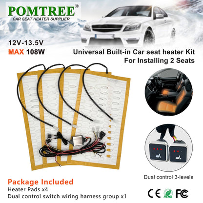 Conjunto Universal de Aquecedores de Assento de Carro Embutidos para 2 Assentos com Fio de Liga 12V Almofada de Aquecimento Rápido e Sistema de Interruptor de Controle Duplo de 3 Níveis