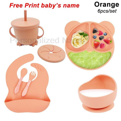 Personalized Name Tableware For Kids Silicone Suction Cup Plate Bowl Baby Feeding Set Children Dinner Dishes Bowl Spoon Cup