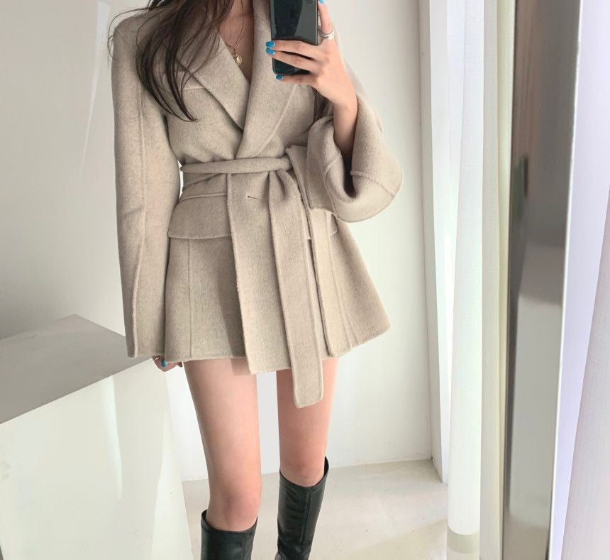 Retro Chic Autumn Winter Woolen Coat One Button Long Sve Suit Collar Waist Cinched Side Slit Warm Knitwear for Women
