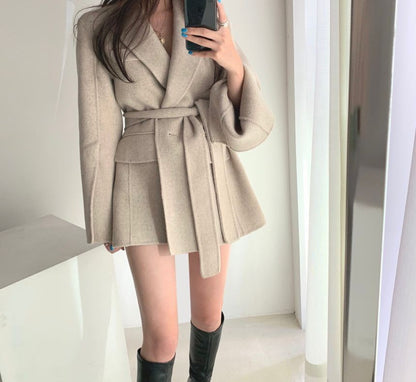 Retro Chic Autumn Winter Woolen Coat One Button Long Sve Suit Collar Waist Cinched Side Slit Warm Knitwear for Women