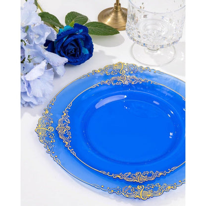 350 PEÇAS Pratos de Plástico Azul Kits de Louça de Plástico Azul para 50 Convidados 100 Pratos Descartáveis 150 Talheres Dourados 50 Copos 50 Guardanapos