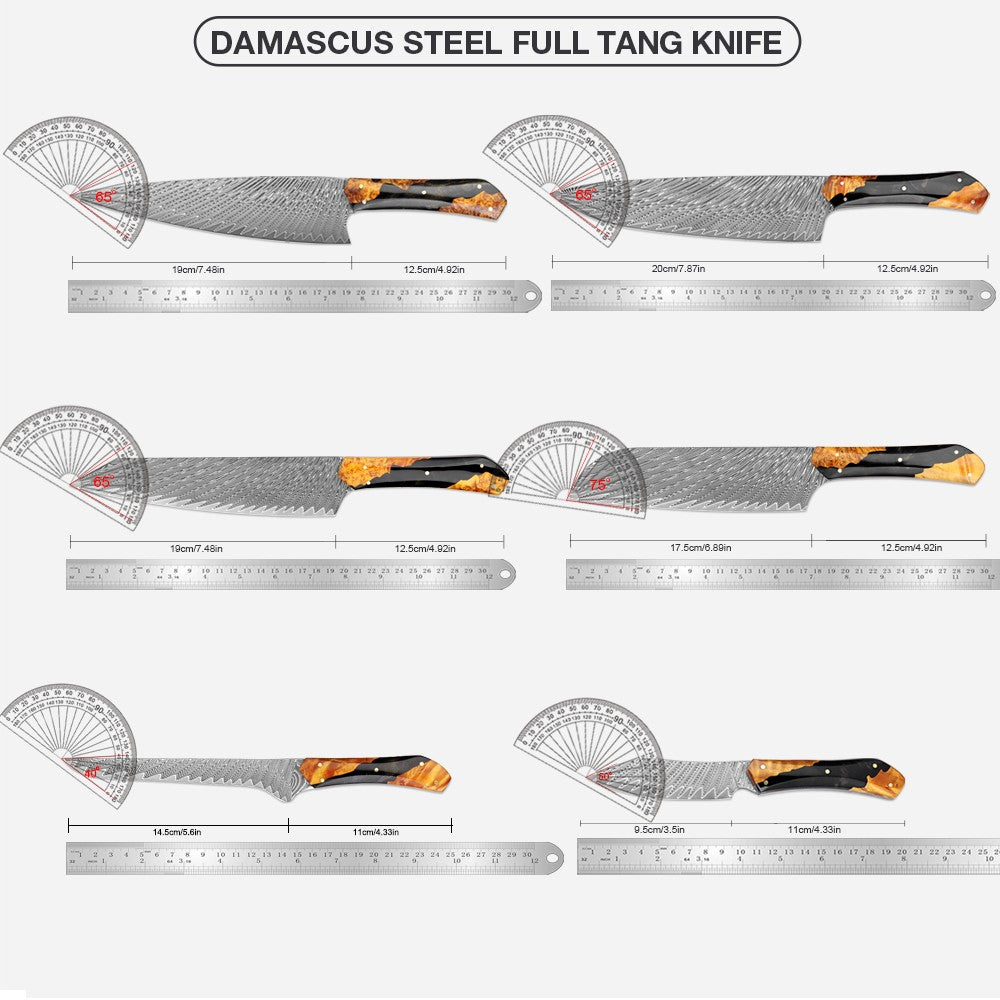 Conjunto de Facas de Chef XITUO Artesanais de Aço Damasco 1-5 peças, Facas de Cozinha Full Tang Extremamente Afiadas Santoku e Faca para Legumes, Cabo Ergonômico
