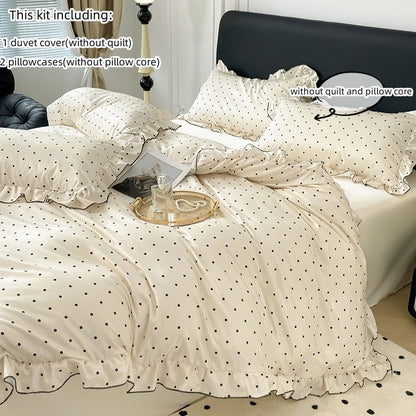 Conjunto de capa de edredom coreana de renda 3 peças (1*Capa de Edredom + 2*Fronhas, Sem enchimento), Conjunto de cama com estampa de bolinhas pretas